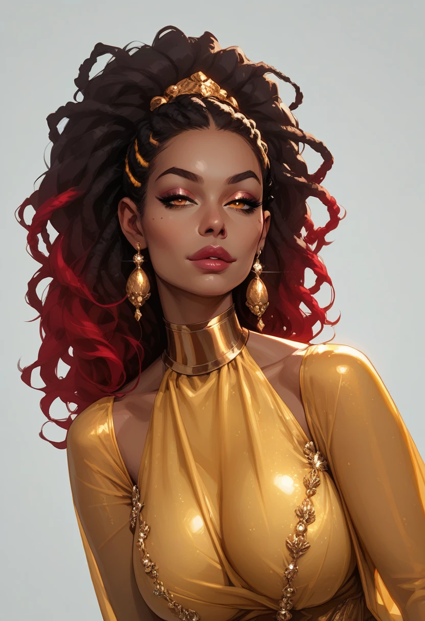 intricately rendered, light skin African american woman, curly red hair, 3d rendered, plus size, afrofuturism, big hair, diva, stunning beautiful brown skin woman, melanin, sharp focus, emitting diodes, smoke, artillery, sparks, racks, system unit, motherboard, by pascal blanche rutkowski repin artstation hyperrealism painting concept art of detailed character design matte painting, 4 k resolution blade runner
