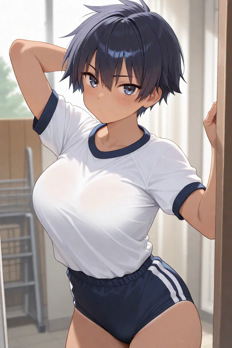 Buruma,gym uniform,Belly button,(((Mature Woman,Shyness))),tom boy,Red face,Watery eye,Shyness,Short Hair,Outdoor,Famous meeting points,lowrise bottom,