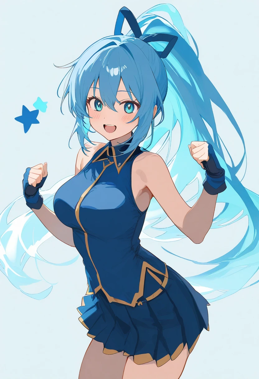 (masterpiece:1.3), (best quality:1.1), (8k, ultra detailed, ultra high res:1.2), ((anime style)), perfect 5 fingers, perfect anatomy,
1girl,
Aqua \(konosuba\),
long hair, single hair ring,
blue hair,
(blue eyes:1.2), (beatiful detailed eyes:1.2), smile, dynamic pose, ((mystical atmosphere)),
green bow,
medium breasts,
BREAK blue shirt, blue skirt, white thighhighs, bare shoulders, detached sleeves,
looking at viewer,
cowboy shot,
natural light,