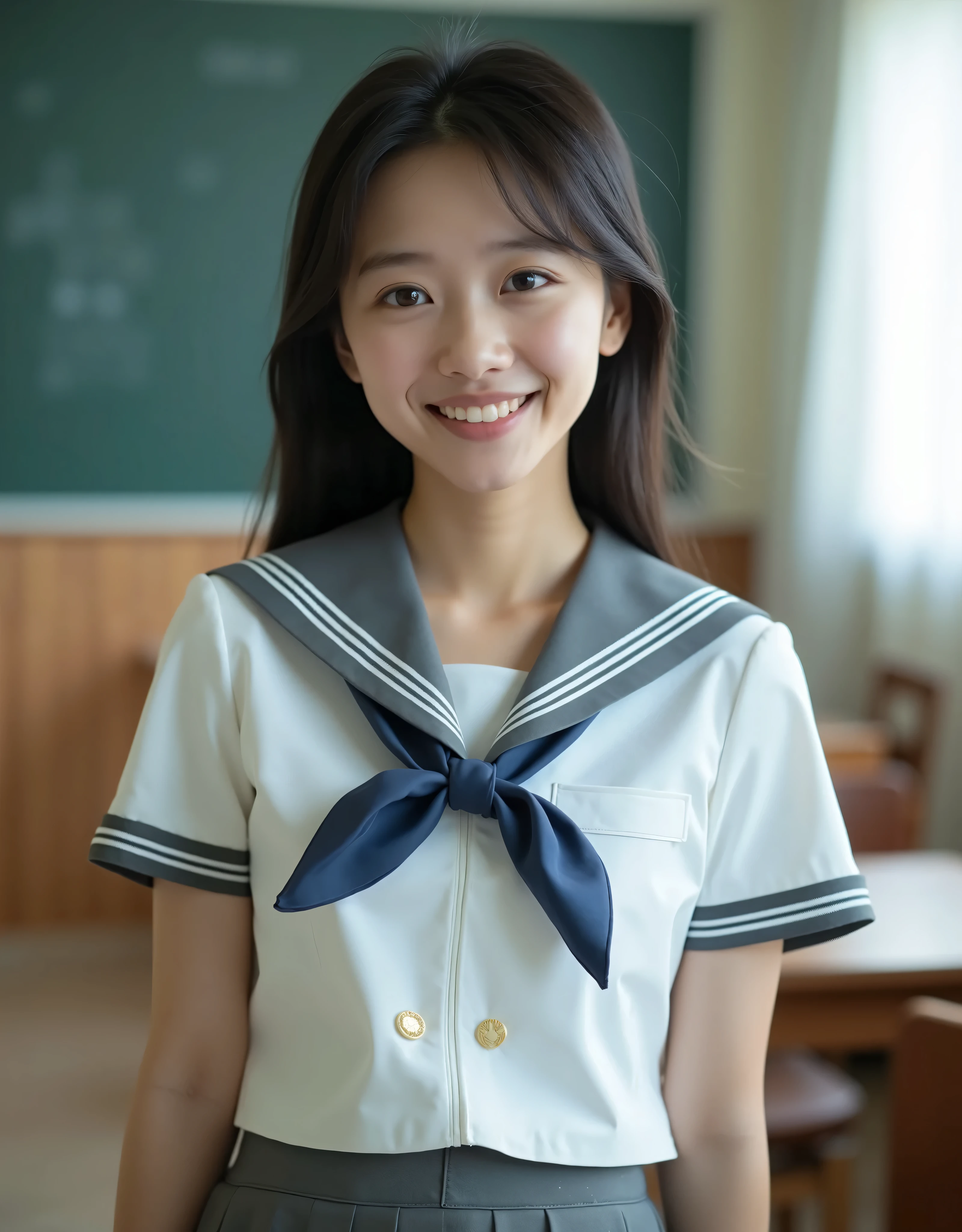 (Masterpiece, Best Picture Quality: 1.2), 8k, Beautiful Girl, Official AR RAW Photo, (Child Face: 1.4), Big Tits, (School Girl Uniform), Shooting, Cute Face, Thigh, After School Classroom, Looking Away, (Seduction), (Smile: 1.7), (Round Face: 1.7), Film Grain, Chromatic Aberration, Sharp Focus, Face Light, Bright Lights, Fine Detail Face, Background Blur, (18 Year Old School Girl: 1.7), (18 Year Old School Girl: 1.7) (7), film grain, chromatic aberration, sharp focus, face light, bright lighting, fine face, background blur, (18 year old high school girl: 1. 6), thin waist, sailor uniform, pink nipples, navy blue mini skirt, (lifts skirt with both hands to reveal thin pubic hair genitals), spread legs.
