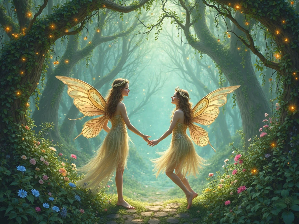 rope, enchanted forest, magical atmosphere, surreal, vibrant colors, soft lighting, ethereal, detailed fairy wings, mischievous expression, dynamic composition, fantasy elements, moss-covered trees, sparkling fairy dust, whimsical, mysterious, intense emotion, suspenseful, hidden treasure, ornate costume, gleaming dagger, suspenseful narrative, delicate features, delicate flowers, dramatic shadows. 

(best quality, highres), enchanted forest scene with a fairy tied up by a female thief. The fairy has intricate wings that shimmer with vibrant colors and delicate details. The thief, with a mischievous expression, is tying the fairy with a rope in a dynamic and suspenseful composition. The forest is filled with moss-covered trees and the atmosphere is magical and surreal. Soft lighting adds to the ethereal and mysterious ambiance. The fairy's delicate features show intense emotions as she struggles against the binds. Whimsical elements like sparkling fairy dust float in the air. The thief wears an ornate costume and holds a gleaming dagger. The scene hints at a hidden treasure and creates a suspenseful narrative. Delicate flowers bloom around the characters, contrasting with the dramatic shadows in the forest.