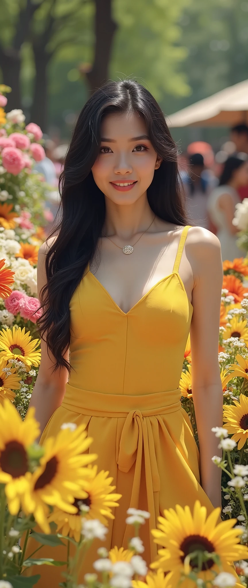 Half-length glamour portrait, nikon D850, f1.6 lens, 200mm, DSLR, 22 Megapixels, (((Wildflower field at sunset scene))), shot of a stunning 19 years old korean girl, (smile:1.4), (wearing Pastel orange Pantsuit with Pastel orange silk blouse:1.6), ((seductive pose)), hot girl, (((big natural breasts))), (((black fringe hair))), (small girl), symmetrical face, photorealistic, photography, (bright natural lighting), gorgeous, deep cleavage, (masterpiece), best quality, high resolution, extremely detailed, cinematic lighting, (((very narrow waist))), rich colors, hyper realistic, lifelike texture, ((jewelry)), (((She has beautiful hands and wears rings))), (bracelet), (necklace), (ankle chain), (nail polish) (earrings), Fuji Superia 200, 8k

