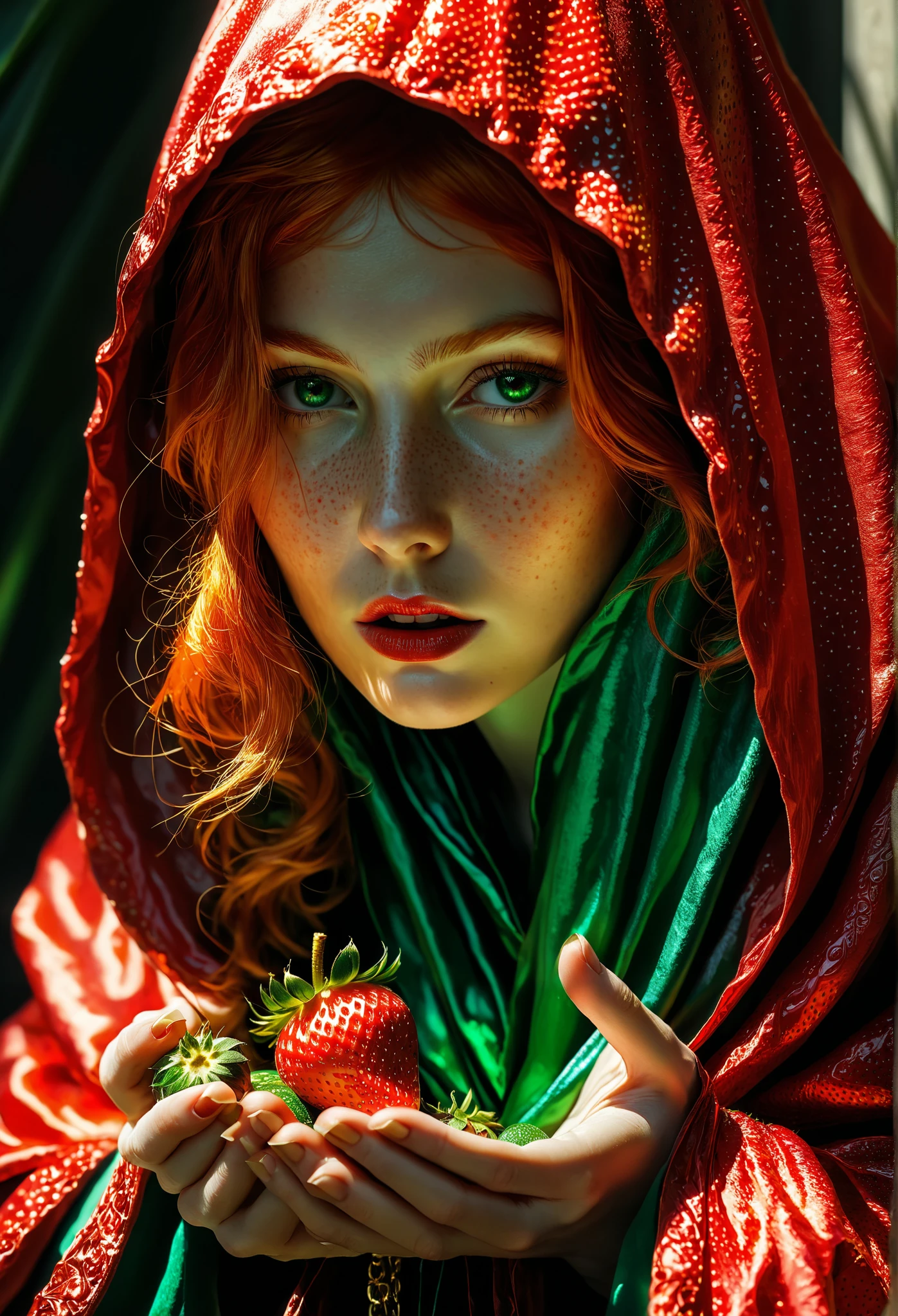 In the massive, wrinkled palm of a colossal humanoid hand, a tiny young woman with fiery golden-red hair and an emerald-green hooded robe sits huddled in fear. The giant's fingers cast enormous shadows over her and the small plate of glistening red strawberries placed nearby in the palm. Her expression is one of apprehension as she looks upwards. The scale is overwhelming.