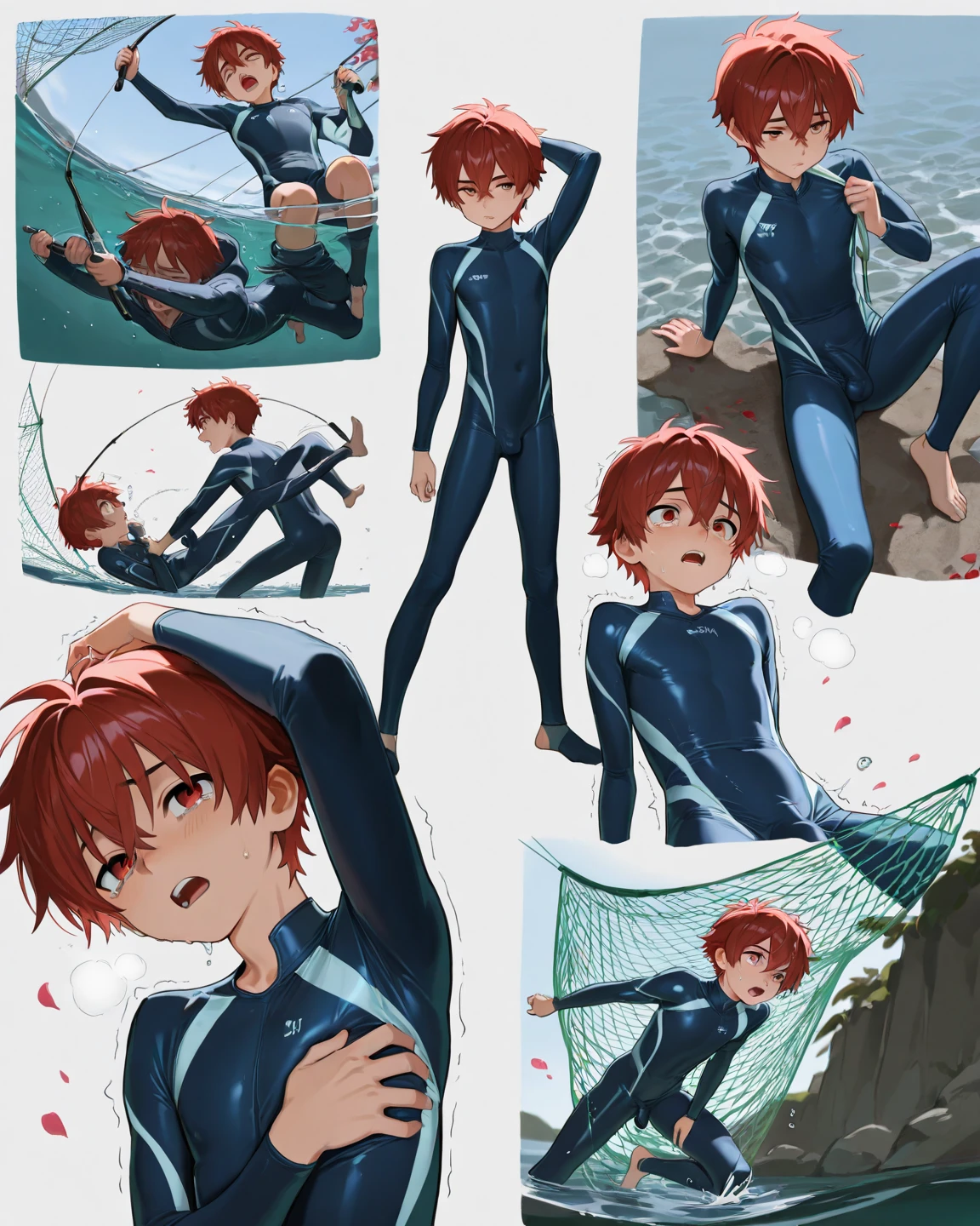 Anime handsome, 1boy, handsome, abs, swimsuit, full body. anime, character chart, Sony FE GM, first-person view, panorama, UHD, best quality, 1080P, highres, high details, anatomically correct anime full body illustration, full body!