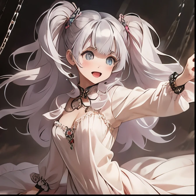 (((SFW、Highest quality、 first class masterpiece 、 Normal Body 、8k、 detailed face 、super precise、 real color 、5refer to、Highest)))Adele von Ascham、Miles、『I said my ability was average』、Pretty Girl、 Silver Hair、twin tails、Glowing Hair 、long hair、beautiful breasts、slender、 slim、Petite、 can be used、masochist slave、Chain lead iron collar、Link Chain Pill、cuff to Chain、Shyly blush and smile 、Obedience、ChainBondage、HEART Eye、pink eyes, heart、Sleek Eyes、Chain lead tension、Pink Heart Dirty Prints、Pink Heart Dirty Prints、Sex Prisoner 、Absolute Obedience、A lot of chains、ultra-thin sheer nightgown、Surrender pose