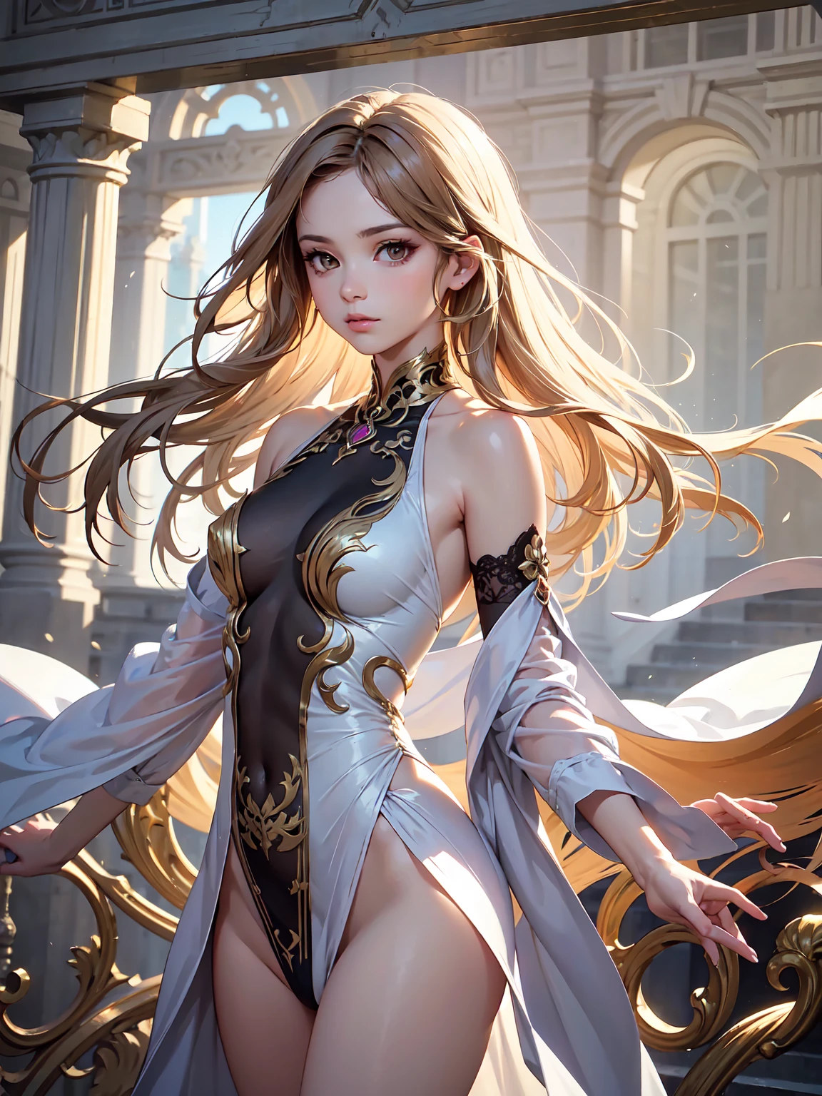 #Basics A girl is posing for a photo, animeのかわいい女の子, (((One Girl, Baby Face, ))), 
BREAK 

#Clothing Accessories 
(((Gold on black)Long Chinese dress with large dragon embroidery:1.4 + The motif is flames. + Long skirt with side slits + Deep V-neck design + No sleeve + Gold belt for a tight fit around the waist + Black high heels)), 
((gold fancy bracelet, Golden hoop earrings)), 
BREAK 

#Features 
(Blonde:1.4, Bangs that expose the forehead:1.4 + Accessory with a red gem on the forehead, Chest-length sideburns, Very long back hair + Wavy back hair + Back hair fluttering in the wind), 
(Droopy eyes,blue eyes), (Small breasts), 
BREAK 

#expression 
(Screaming, 真剣なexpression), 
#background environment 
((noon, bustling street, congestion, Sunshine)), 
#composition 
(Turning your body to the viewer:1.4, from below:1.4, (Fighting Pose:1.4 + punch:1.4), Cowboy Shot:1.4), 
BREAK 

#Body parts elements 
(Beautiful Hair,Shiny Hair), 
(double eyelid, Long eyelashes), 
(Expression of fine eyes, Beautiful and delicate eyes, Sparkling eyes, Eye Reflexes), 
(Human Ear), 
(Beautiful Nose, Thin Nose), 
(Glossy lips, Beautiful Lips, Thick lips), (Symmetrical facial features), 
(Detailed skin, Textured skin, Beautiful Skin), 
BREAK 

#Quality 
(((highest quality)), ((masterpiece)), ((Very detailed))), ((High resolution), (16k,1080p)), 
(Realistic), (Anatomically correct), 
((comics, anime)), (3DCG), CG illustration,
