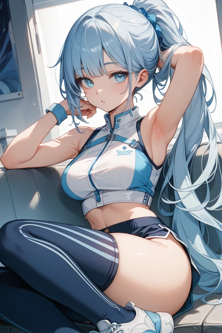 work of art, best qualityer, 1 girl),beautiful detailed eyes, looking ahead at viewer, glad, (turquoise hair:1), small ponytail, (round red eyes:1), Uniforme policial sexy