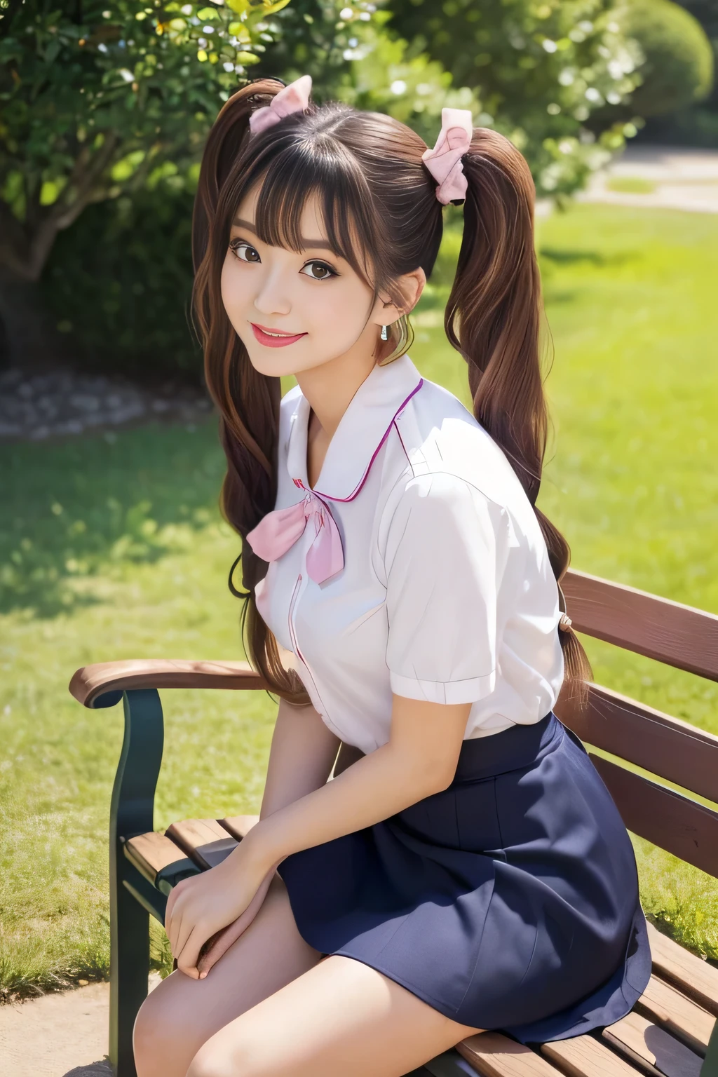 (Best Quality )(masterpiece)( High detail )(very detailed)(ultra high resolution)(Get used to it)( Taken with waist up)(Her hairstyle is twintails)((Her twintails are straight and not tied up))((Her twintails are super long))((Her twintails are long twintails that reach above the knees))(Best quality hair quality)(Ultra detailed hair)(curly or wavy or Straight hair) (Hair color can be chosen) (Cute scrunchie in the knot of her twin tails) (Her twin tails are tied above her ears) (Oversized heart-shaped earrings) (She is 24 years old) (She has a perfect Japanese super beautiful face) (Her eyes have Japanese eye features) (Her eyes are long and beautiful) (Perfect double eyelids) (Beautiful and sexy makeup) (Red lipstick) ((She is wearing a pink-based skirt and shirt that adult women like)) (She is sitting gracefully on a bench in a park with beautiful grass, looking at the people who are watching) (A smile filled with affection)