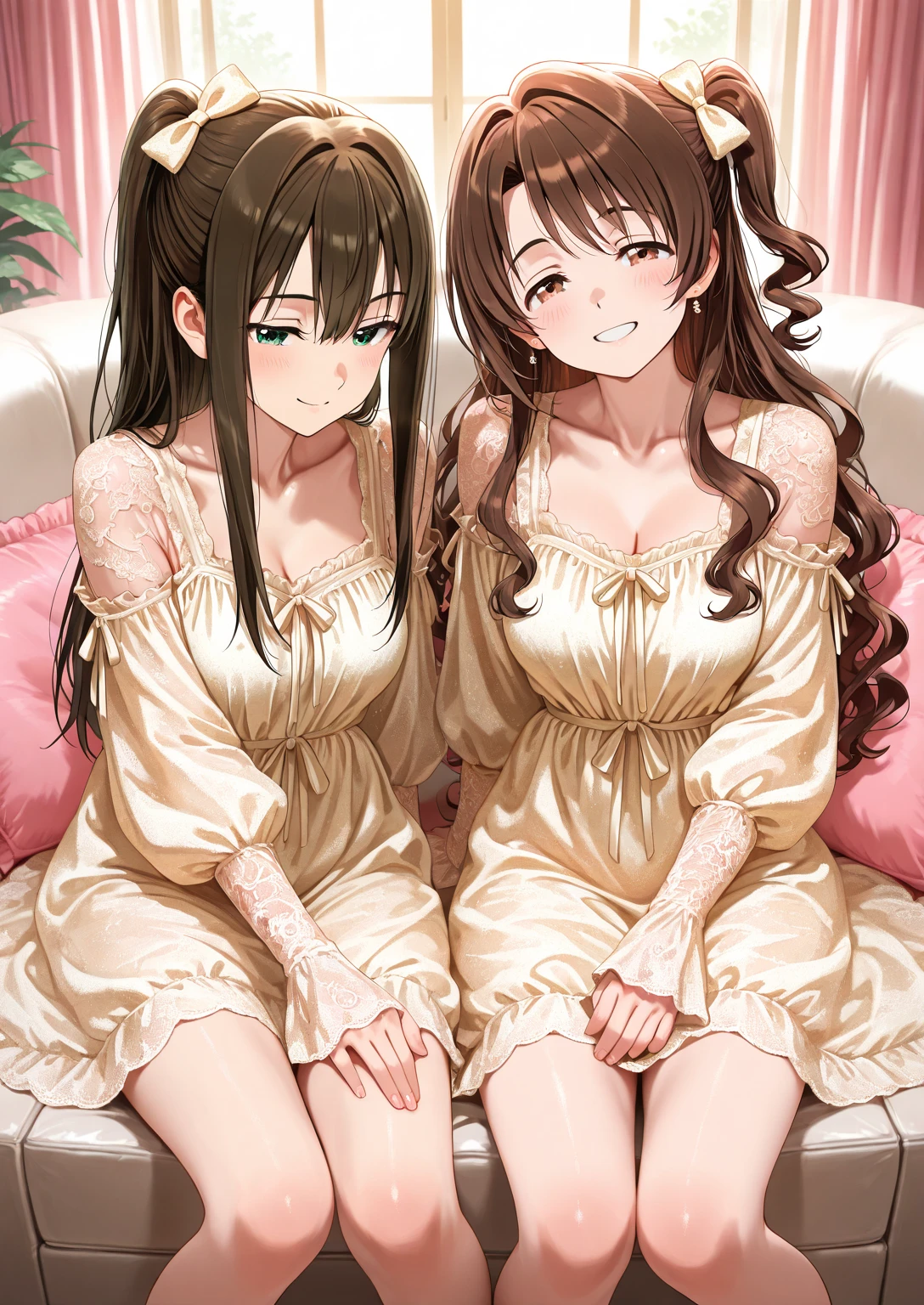 (2 young girls with long hair, Beautiful face and eyes and eyeliner,A delicate little face, pink eyes, Charming smile, (Maid cafe outfit with frilly, Sheer pleated mini skirt:1.5), Skirt turned inside out,(Transparent maid cafe costume with large open breasts and hollow:1.2), Sexy transparent underwear,Underwear turned inside out,Show belly button, Revealing sexy transparent white panties (very pretty girl), brown hair, Fashion hair accessories quality:1.4), (Extremely detailed),Pendants and earrings、 (Extremely detailed CG unified 8k wallpaper), Very detailed, High-resolution original color photos, Professional photography, Depth of Field, (Lying in bed)