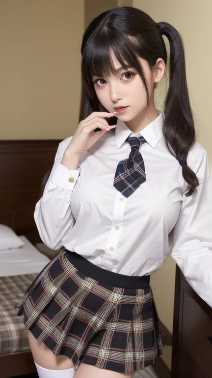 (8k、RAWphotograph、highest quality、masterpiece:1.2),(spread your legs wide,spread your legs wide open),(Rose twin tails and scrunchie)、((quite slender limbs))、looking at the viewer,Looking at the front,strong,erotic,student,White、bra is very,white skin,knees,(black pantyhose),absurd,small face,前hairを真ん中から分ける、I can see the forehead,(please be shy,きついeye,glare,strong,skinny,skinny,I get irritated)、masterpiece,highest quality、ultra high resolution,raw panties,only,beautiful feces,one person, one personで,whole body、cute、Return to student,JK uniform,high school girl,japanese woman,Are standing,(Photoreal:1.37)、photon mapping,realistic、cutesmall face,Brownのeye、(red bow tie)、radio city、物理ベースのonlyダリング、Qianyoshi、written boundary depth、blurred background、photograph,girls、body,beautiful feet, long legs, thin legs,Tie your hair into one strand on your chest,(前hairが見える), hair, lips, green_eye, soft nose,(white shirt), (Brown, Beige and white plaid pleated skirt), kneesが見える,thin clothes,, thigh, black cotton socks,Nogizaka Idol, actress, Japanese ID、big and full breasts、cleavage、Unbutton your shirt and look at your chest、(The detailed shape of the female genitals is clearly visible: 1.4), masturbation girl,whole bodyphotograph、lift up the skirt yourself、super fine、low person、、、No bra、No bra、No pubic hair、genitals are wet、School、Inside the school building、Schoolの廊下、Black kneese-high stockings、Black kneese-high socks、
