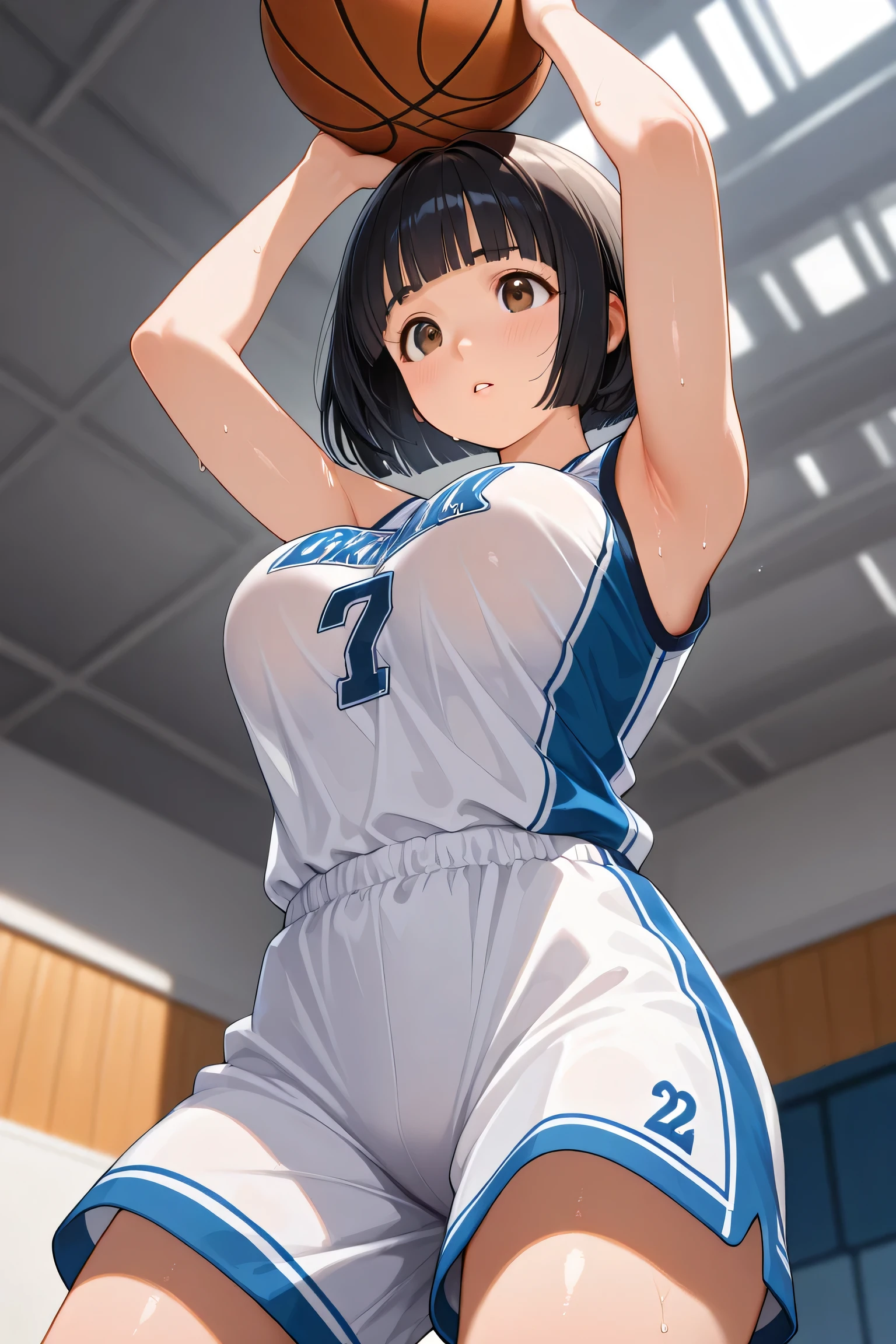 Masterpiece, 8k quality, hyper detailed, one girl, (short hair tied up), light hair, small breast, thick thighs, (basketball jersey), locker room, (seductive look