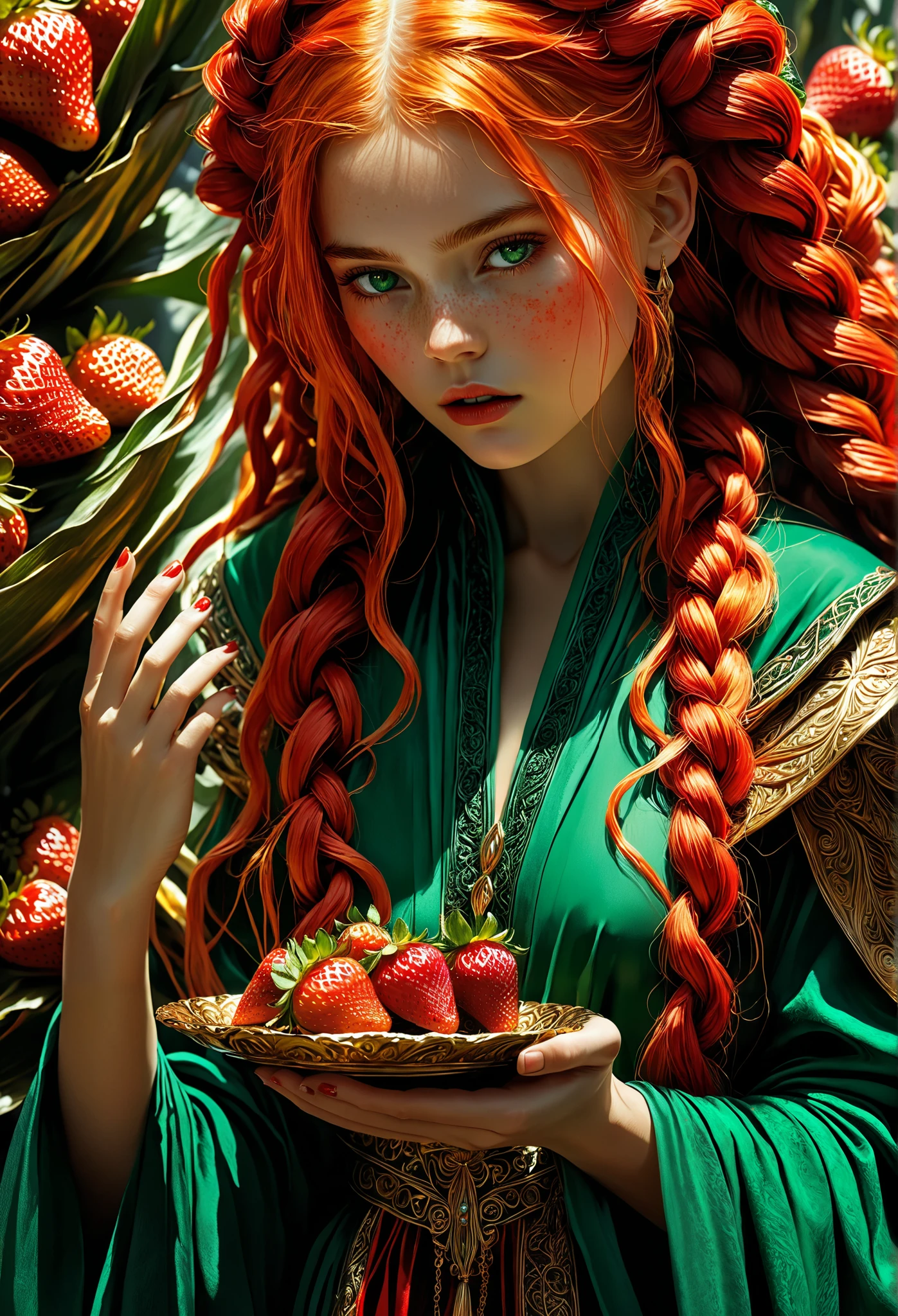 A young woman, small enough to fit in the palm of a giant, with fiery golden-red braids and an emerald robe, cowers within the vast expanse of a colossal humanoid hand. Her eyes are wide with fear as she glances up at the unseen giant. In the giant's palm, near her, is a delicate plate piled with bright red strawberries. The scene highlights her vulnerability and the immense size of the hand