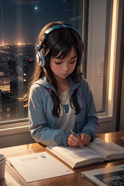 A middle school girl, sitting at her desk, wearing headphones and doing her homework with a pencil in her right hand.