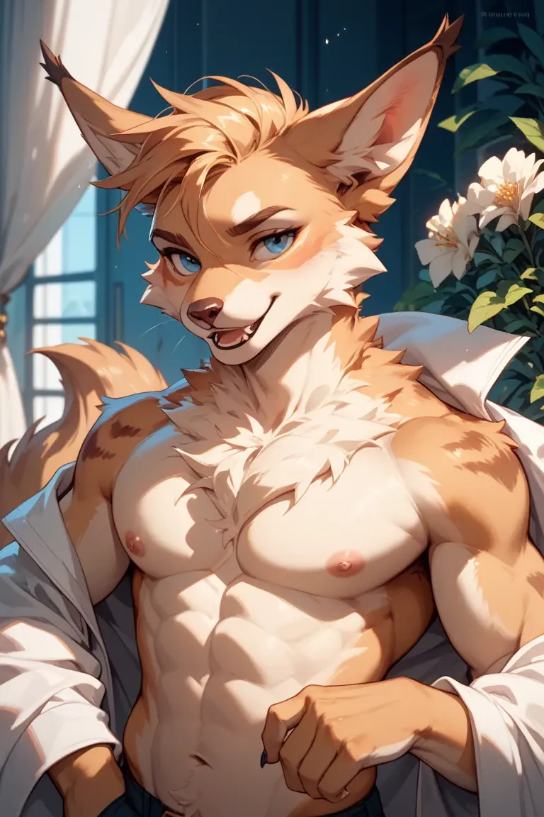 Anthro male rabbit, underwear, serious expression, brown hair, blue eyes, athletic build, sitting,