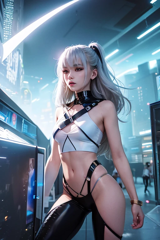 1 girl, solo, (nsfw), cute 18-year-old girl in twin tails, blond hair, ((perfect female body)), (cute face make up), multiple (rainbow colored hair: 1.2), (beautiful detailed blue eyes: 1.6), (photo realistic eyes: 1.6), happy, Ukrainian, (petite body), ((small hips)), ((pale white skin:1.2)), (mini skirt and tube top), (matte pantyhose: 1.6), (("TRON LEGACY futuristic city" style background)), (night time:1.2), photo realistic.