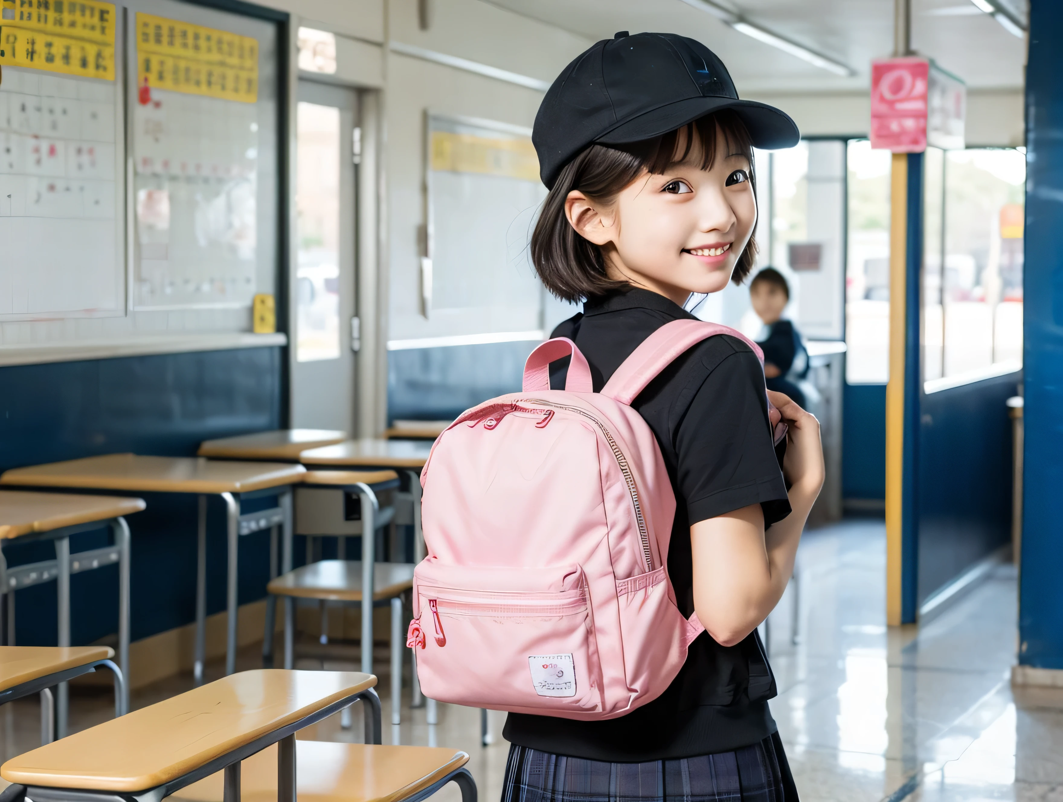 A normal cute elementary school student carrying a pink backpack、Japanese、smile、precise depiction、hat、bright atmosphere、Commuting、short hair、