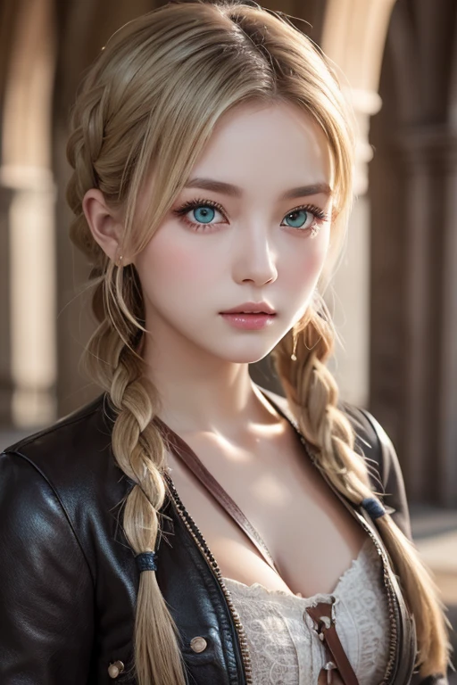 Hyperrealistic 20-year-old woman, sharp nose, looks beautiful and authoritative, fair skin, blonde hair (((ponytail hairstyle )))), and wearing a black hooded jacket. body position facing the camera with hands in ready position, facial details (((sharp nose details, small eyes, natural eyebrows, mouth )))), eyebrows far away from eyes, in a coffee shop. lipgloss, eyelashes, shiny face, shiny skin, best quality, high resolution, depth of field, chromatic aberration, caustic, Wide lighting, natural shadows, High quality photo, UHD, 16K, 1 girl, 3D, dark theme, rendering shown from hair to chest.