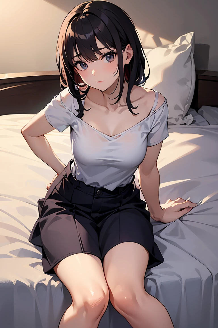 1girl, black hair, purple eye, short hair,white t-shirt, black skirt, Long socks, breasts, blush, lying down on bed, 30yo