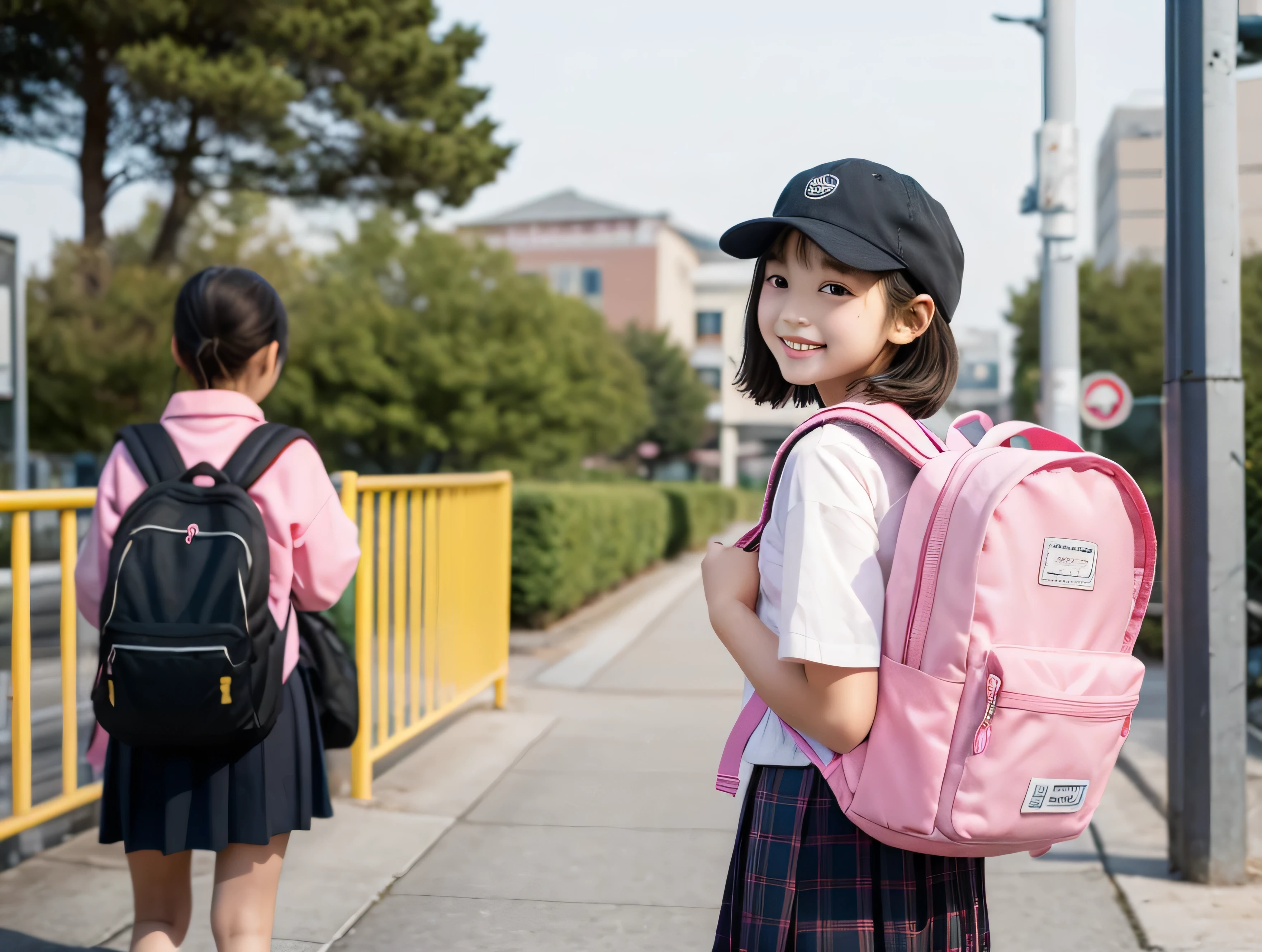 A normal cute elementary school student carrying a pink backpack、Japanese、smile、precise depiction、hat、bright atmosphere、Commuting、short hair、
