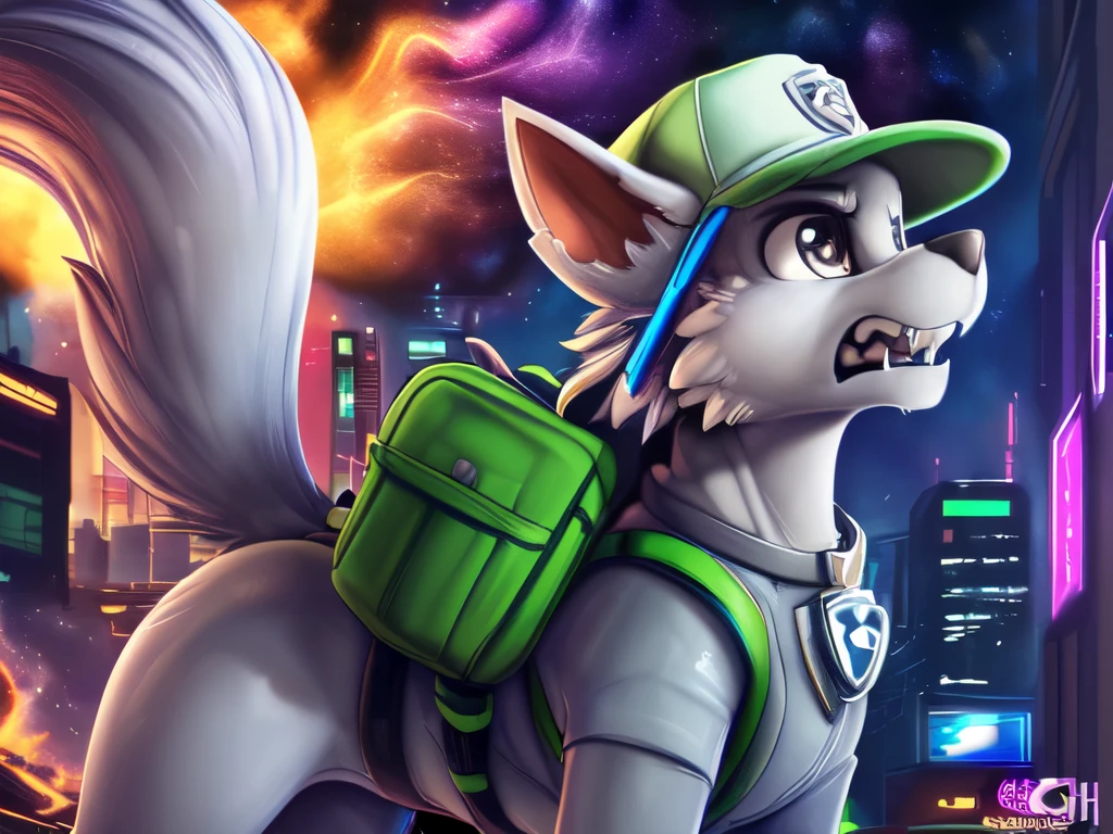 Rocky ((Paw Patrol)), ((male solo)), (male:1.95)domestic dog, male, adult male, brown eyes, (((gray fur)), ((gray body)), (wearing Paw Patrol gear:1.25), (wearing a green cap:1.25), (wearing Paw Patrol bagpack:1.45), (feral:1.25), (quadruped:2.25), ((sharp teeths)), ((large fangs)), gray eyes, (Shiny eyes:1.6), ((Pixar eyes)), perfect eyes, ((glowing eyes)), (hyper realistic:1.65), ((very large fangs)), smiling, perfect ligthing, (Cyberpunk city background:1.25), (buildings on fire:1.25), (back side view:1.45), looking at Viewer, ((spread legs)), spread legs, (rajii:1.1) (dimwitdog:1.1), (thesecretcave:1.25), (cooliehigh:1.1), (miles-df:1.1), (complextree:1.1), (pixelsketcher:1.1), (foxovh:1.1), (zaush:1.1), (avante92:0.70), (meesh:1.1), (inu-sama:0.80), (cervina7:1.1), (F-R95:0.70), (R-mk:1.1), (xpray:1.1), (standing tall:1.65), (close up to face:1.25) (brave pose:1.25), (valiant pose:1.25), (strong male:1.25), (brave male:1.85), (angry expression:1.45), (nebula:1.35)