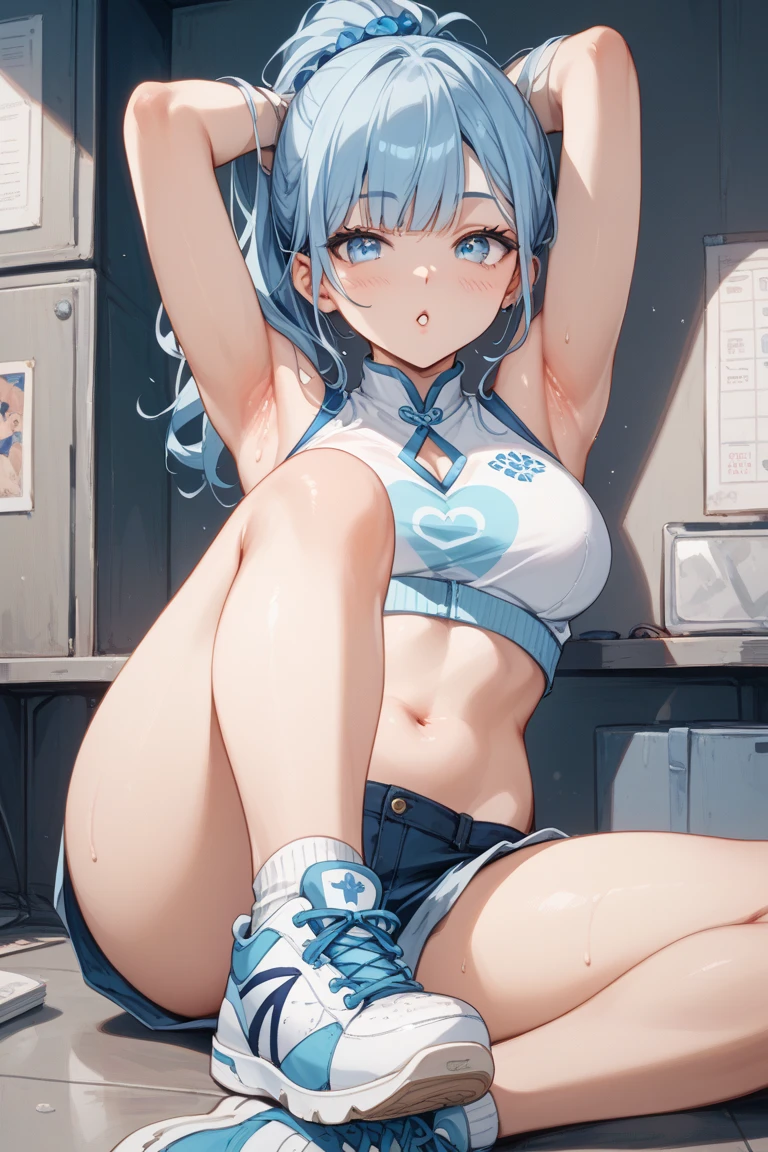 ((top quality, 8k, masterpiece: 1.3, ultra hd, high quality, best quality, high definition, realism)), sharp focus: 1.5, Beautiful girl with thin and skinny body, small breast, Light blue hair, opurple eye color with light gradations, Erotic face of pain, Sweaty wet body , Small breasts, Abs, white Crop top t-shirt Visible bottom of the breast, Erotic pose on chair with both legs wide open showing her pubic, Camera angle from below, Armpit, The pubic shape is clearly visible, Both legs opened wide showing her pubic.