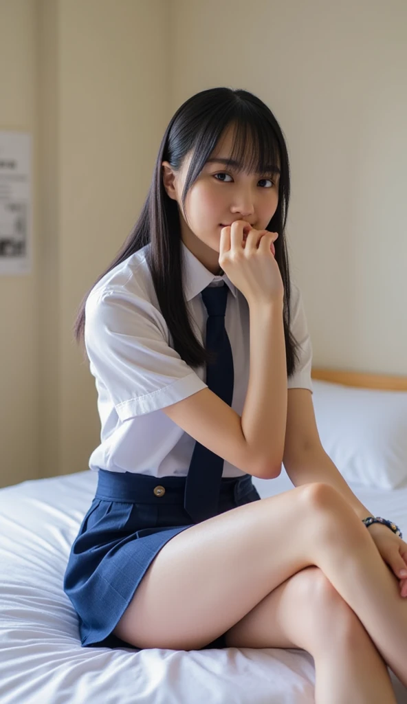 Best-quality, Masterpiece, Ultra-High-Resolution, (Photorealistic:1.4), Raw-Photo, 1girl, 15-years-old, the most famous Japanese idol, wearing Japanese high-school uniform, (Sitting with Knees Up on bed, spread legs), extremely beautiful big-black-eyes, extremely beautiful thighs, extremely beautiful legs, extremely cute face like the most famous Japanese idol