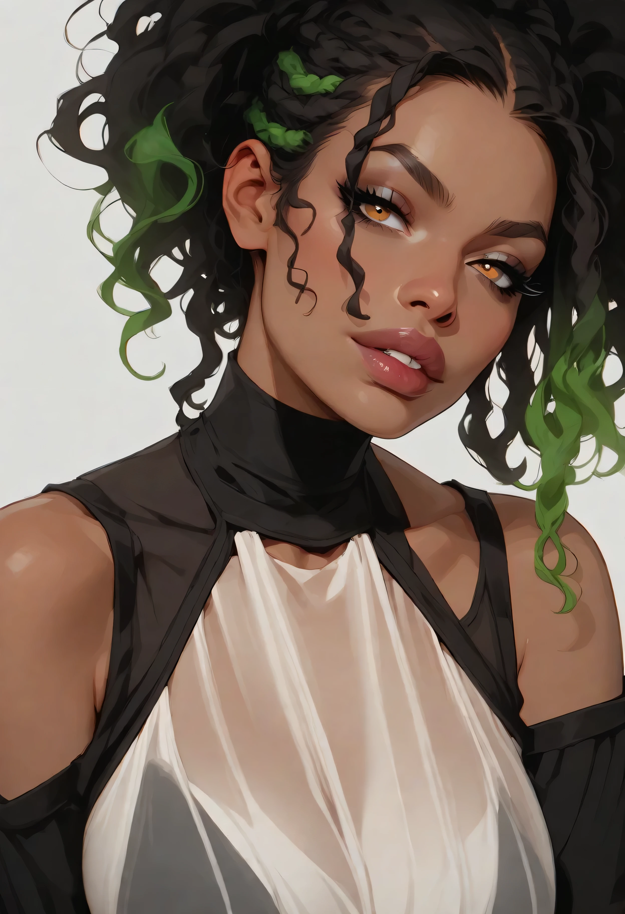 ((Black Loose Fit Outfit. Black See-through Clothes)). Seductive milf. Dreadlocks with Green highlights. Intricate Clothes. Dark skin. Amber eyes. Flawless appearance. dnd character. dnd. ((Laying down with head hanging off edge)), busty, Seductive big lips, ((Eye Focus, Breast Focus, lip Focus)), white background