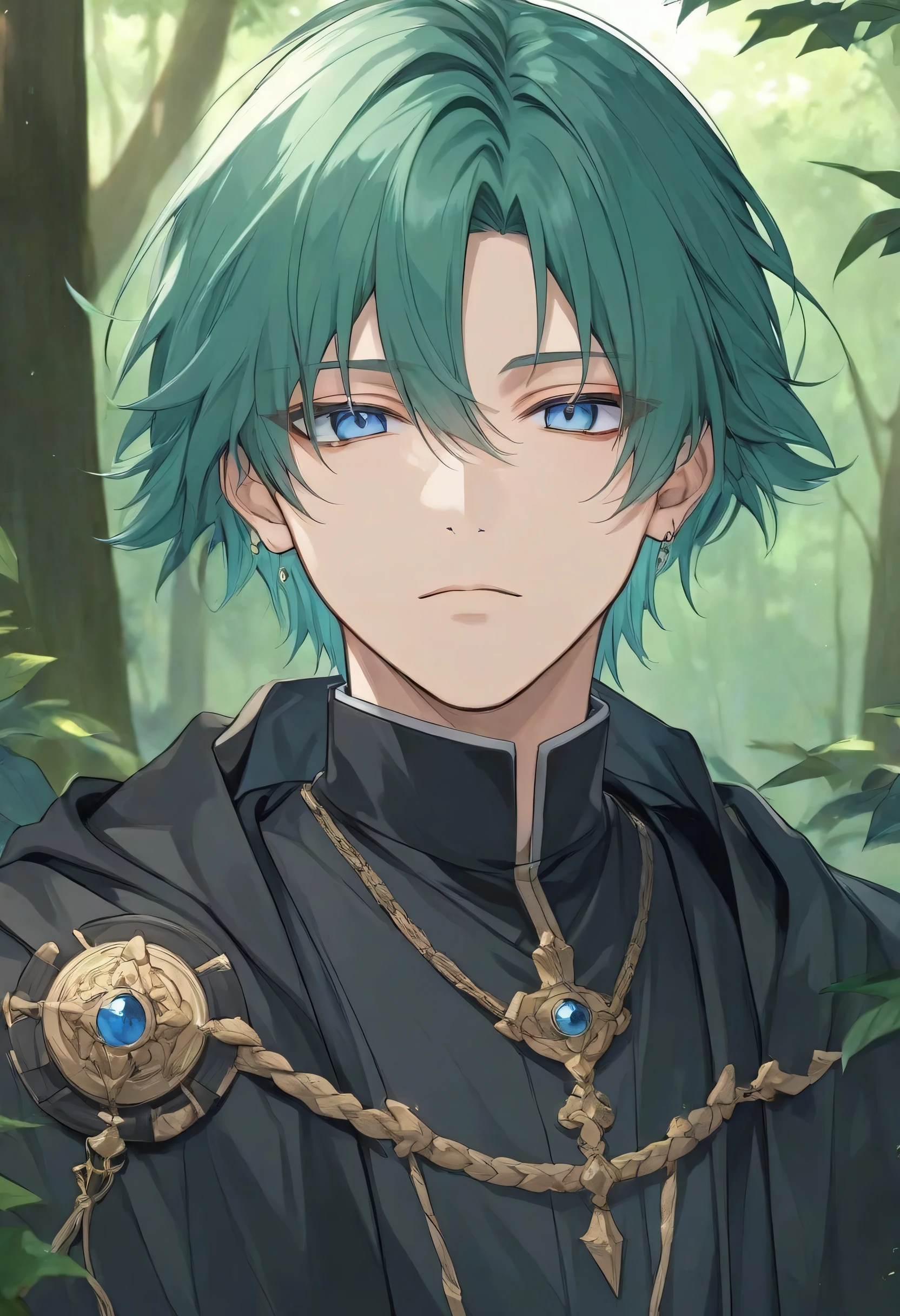 Male + green hair + blue eyes + black robe + solo + forest background + face shot + adult (20 years old)