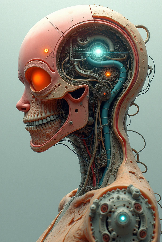 cinematic photo shoot of organic brain encased in a cybernetic clear skull head of a beautiful alluring female alien species [Maude Adams:Margot Robbie:0.5], detailed face, insanely detailed and intricate, digital painting, artstation, concept art, smooth, sharp focus, hyper photorealistic illustration, art by Don Lawrence and Frank Bellamy and alphonse mucha, 32k,