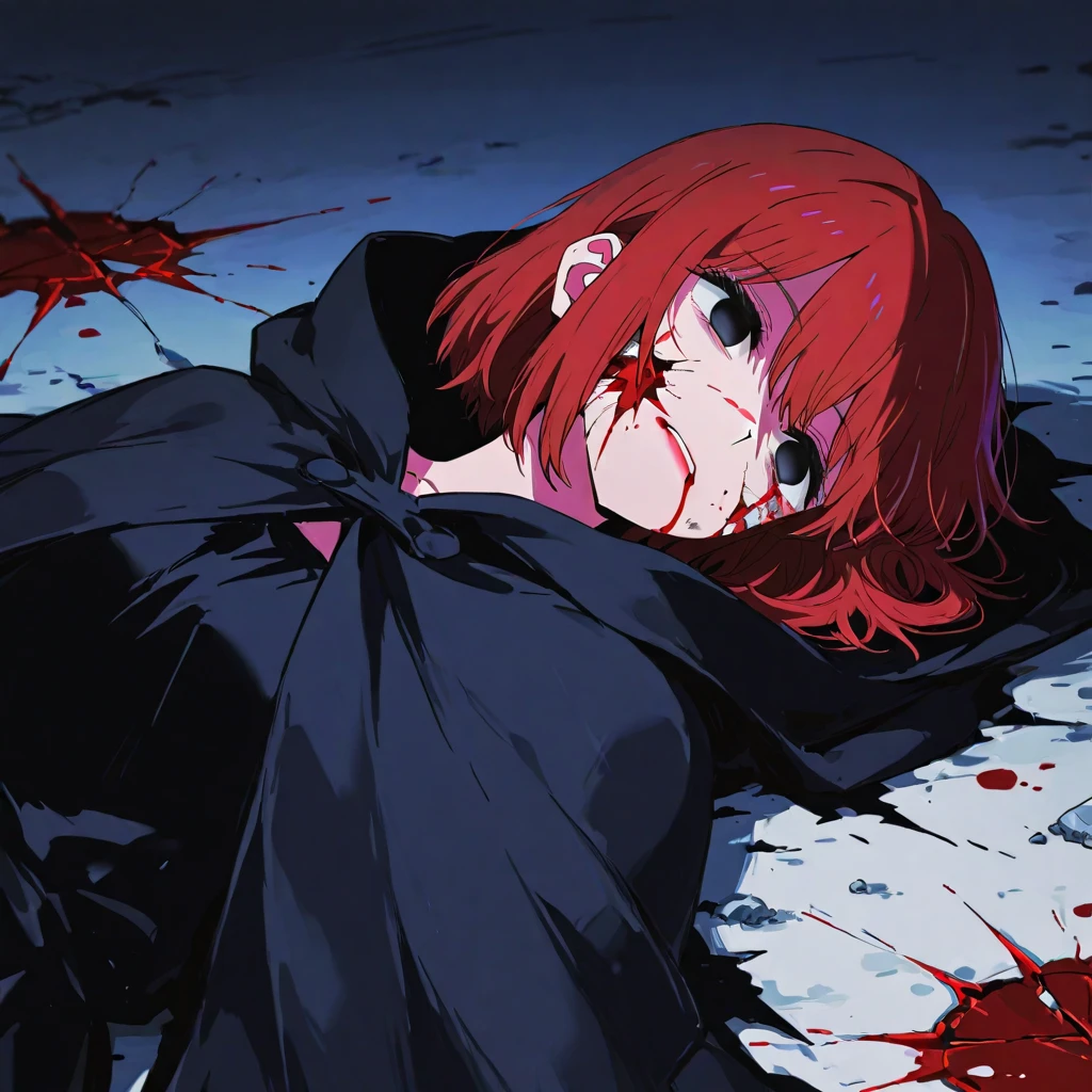 1girl, solo, insane, crazy, closer view, looking at viewer, blood, knife,pupils, ((red and black colors)), ((red and black palette)), (((noir))), (((noir style)), sitting, crazy laughing, glowing blue eyes, insane face, corner of wall background, holding knife, blood on knife, wearing school uniform, reaching out, yandere, light smile, crazy eyes, looking at viewer, kyoto night alley, atmospheric lighting, night sky, blood, blood on face, blood on clothes, torn clothes, from below, attractive woman, attractive, beautiful