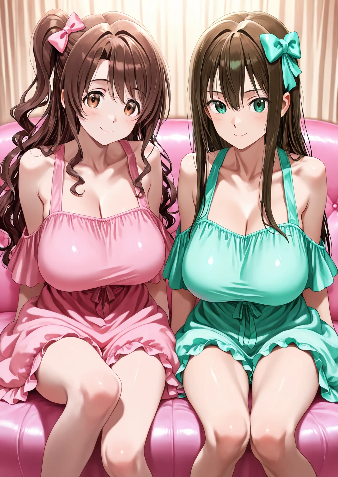 ((Two Girls)), ((Highest quality)), (Super detailed), (Very detailed CG 統合 8k 壁紙), Very detailed, High-resolution RAW color photos, Professional photography, ((Beautiful big boobs)), ((Exposed breasts)), (Pink flower hair ornament), peanut butter brown hair, Great face and eyes, Pink Eyes, (Amazingly beautiful girl), School, classroom, (See-through micro bra:1.6), (No pants:1.3), Camel Toe,