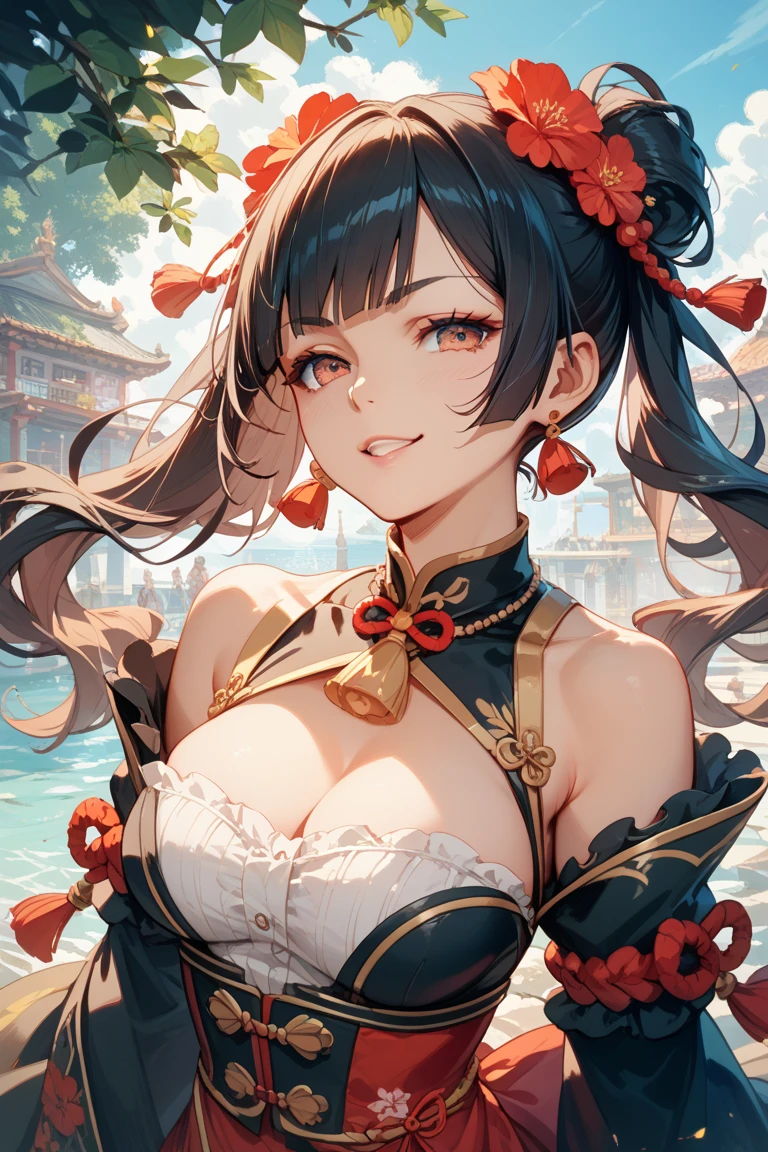Photo of a woman with natural skin, Upper Body, Dynamic pose, laughing, High Twintails, Black hair with red mesh, Sharp eyes with red eyeshadow, Shining eyes, A thin, upturned nose, Well-shaped lips, ((Black off-the-shoulder dress)), Big Breasts, barefoot, Makeup, Exquisitely crafted with the utmost attention to detail, Vibrant, amazing, Smooth, Cinematic, 4K, Backlight, ((Atop a cliff with a beautiful starry sky)), Shallow depth of field, ((Detailed eyes:1.3, Detailed lips:1.3, high quality, )), masterpiece, Super detailed images, High quality