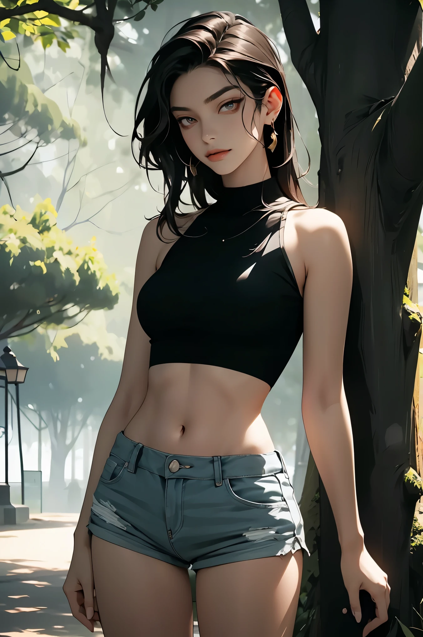 a beautiful 23-year-old woman, her face is beautiful and thin, with a beautiful model face, wears tight shorts with slightly dark lighting, its environment is in a park with trees.