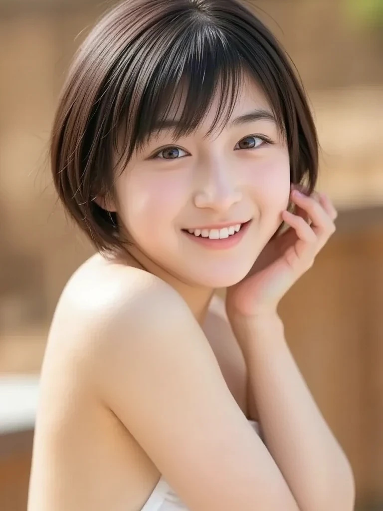 (8K、RAW Photos、Highest quality、masterpiece:1.2)、((Smiling with teeth showing、Thin your eyebrows、Thin your eyebrows、Make your pupils smaller:1.5))、((lower nose、Nasolabial folds:1.2))、((Nipples、pubic hair:1.3))、((Short Hair、bangs))、(Realistic、Realistic)、1 Girl、((naked、Nighttime hot springs、Flat Chest、smile))、cute