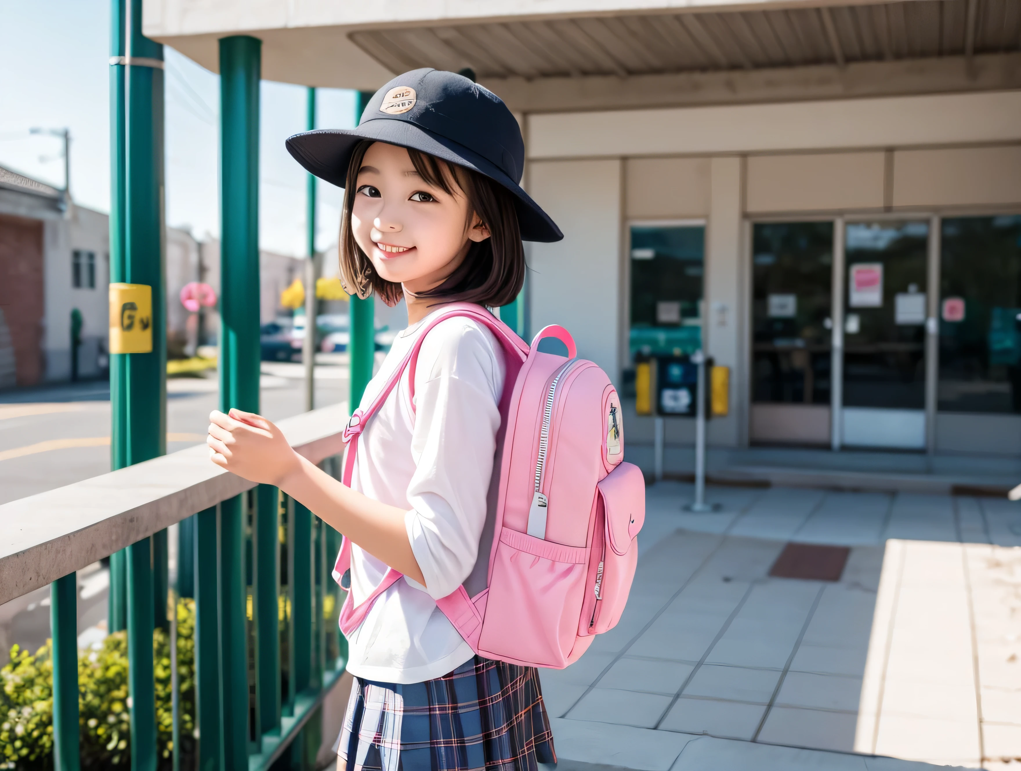 Caucasian girl, Cabelos castanhos escuros, Medium sized red dress with white polka dots, mochila vermelha nas costas, Caminhando no parque, para o espectador, Sony A7 70mm camera lens with color gradient, Pixar, estilo disney