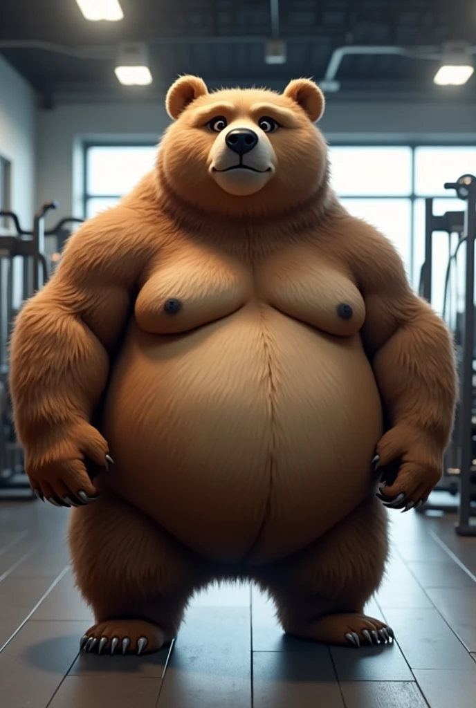 solo, rabbit, twins, 60 year old male, (walking on treadmill, treadmill), natural pose, different facial expressions, tired, bored, annoyed, three identical heads attached to the same body, rabbit ears, bald, stubble, beard, masculine, three necks, eyes, adult, male, 3d, by disney, by pixar, (overweight, fat, obese, big belly), dawn, gym background, shirtless, black athletic shorts, bulge, correct hands, correct anatomy, ultradetailed, best quality, detailed masterpiece, highly detailed masterpiece, 4k, professional cartoon