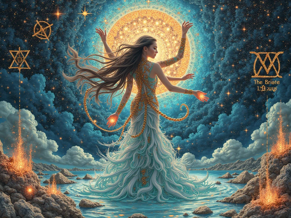 Create a woodcut style image digital art surreal art that depicts a mystical figure with divine characteristics, a, symbolizing control and harmony with the universe. Use a vibrant color palette, including blue, oranges and whites, to create heavenly contrast and a stunning visual effect