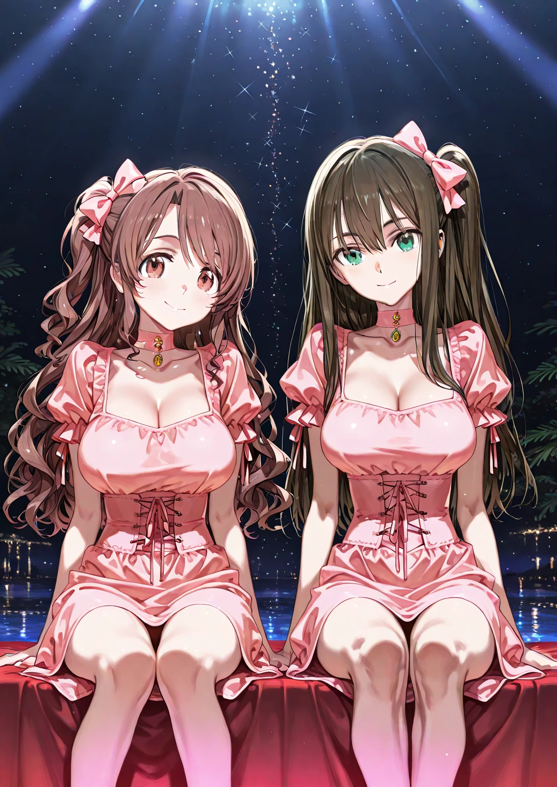 masterpiece, high quality, best quality, beautiful, hd, perfect lighting, detailed face, detailed body, 3 women, trio, (Brown curly long hair, matching hairstyle), blue eyes, big breasts, ((red mini dress, matching dresses, identical dresses)), (blush), smile, open mouth, (morning), street in the background, sexy pose, (open neckline), triplets, clones, matching hairstyle, matching dress
