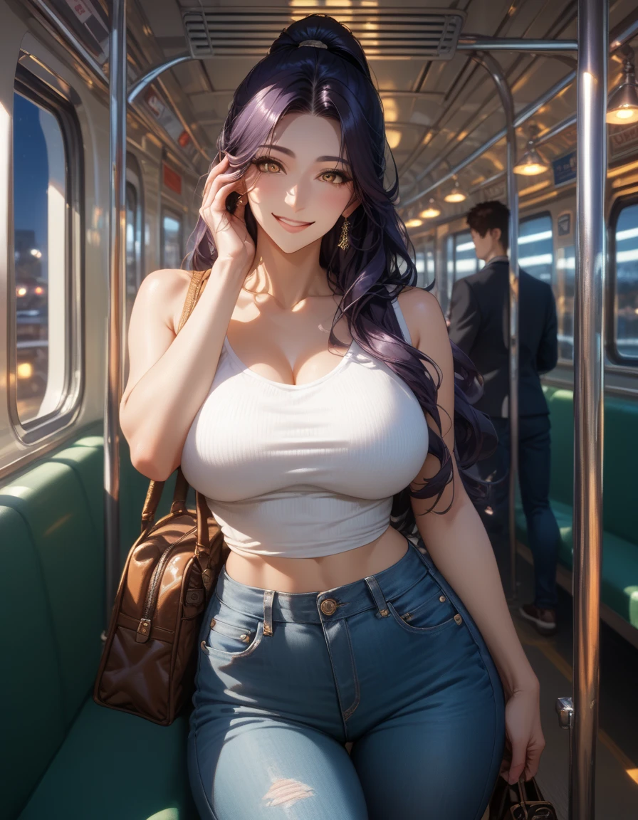 Winter, night, voluptuous woman with a curvy body, wearing a open winter coat, tight pants, sitting on a bench in a underground train station, looking aroused, bokeh, depth of field, shot from above,