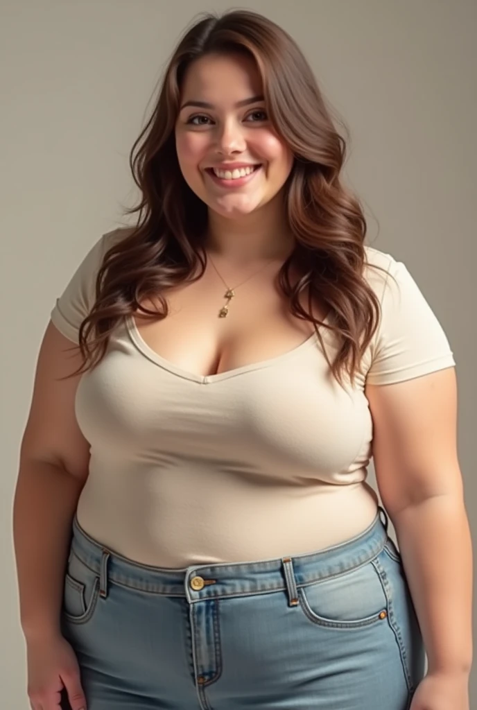 full body of a fat Turkey woman in a yellow tight pullover posing for a picture, blue jeans, chubby, chubby face, , buxom chested, big chested, gorgeous face, beautiful alluring teen, cute seductive smile, open mouth, attractive girl, cute young woman, straight hair, perfect teeth