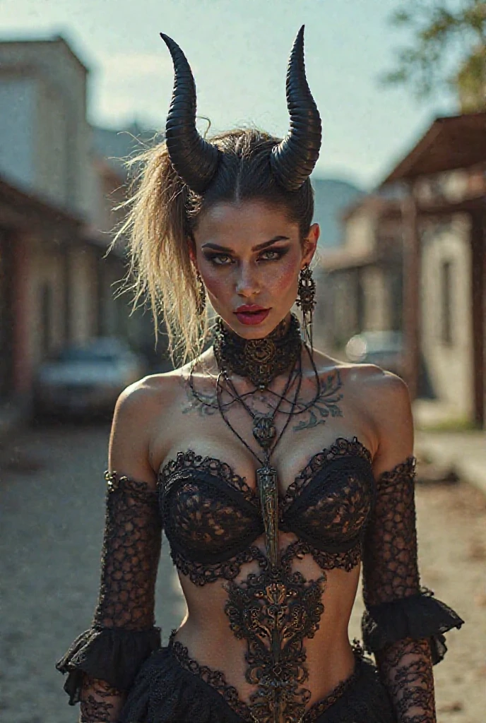 Pixel-Silverville 1 girl, Stockings, black stockings, demonic horns, Street, Sunset, Masterpiece, Best Quality, camel toe, , Erotic, facing the viewer