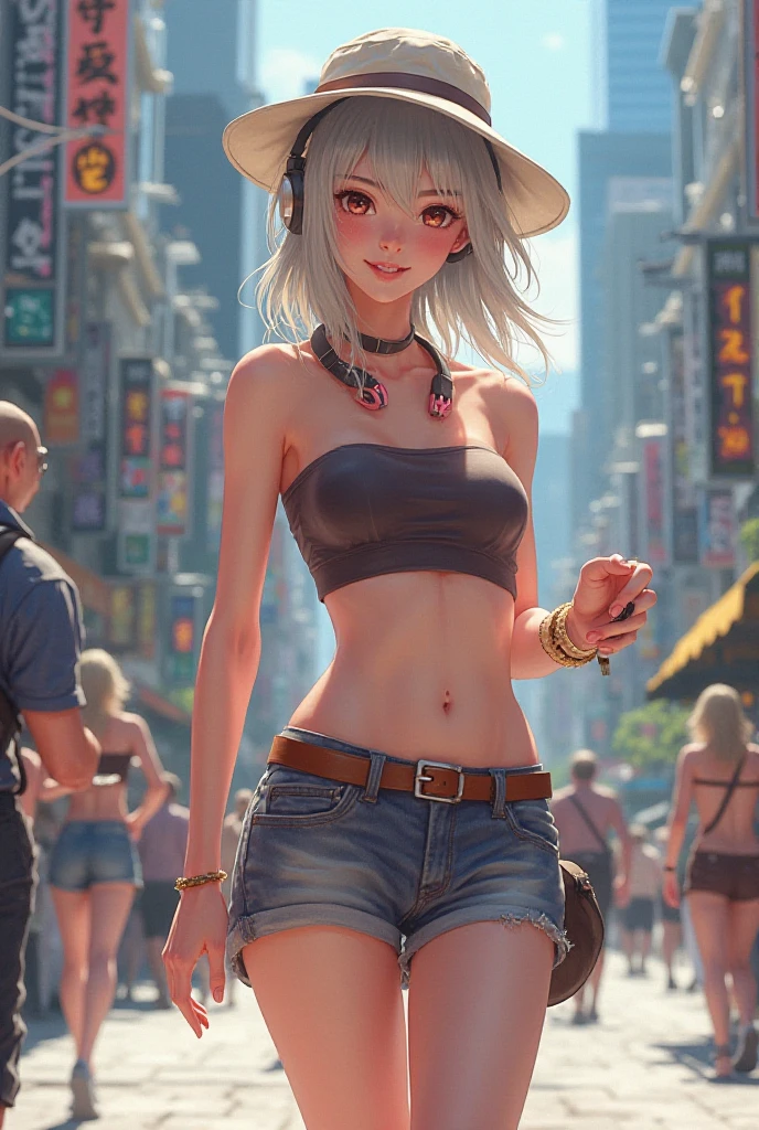 chica realista en pantalones cortos caminando por una calle en una ciudad, seductora chica, Chica con el pelo corto y blanco, Estilo realista 4K, CG arte suave, Atractiva chica realista, Arte digital, Guweiz en Artstation Pixiv, Guweiz en Pixiv Artstation, digital illustration, Arte detallado digital, realistic style. 8k