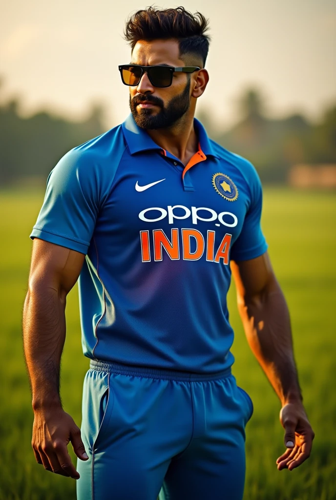 A man 30 years old boy stood with his hand on the rock wearing cricket india jersey