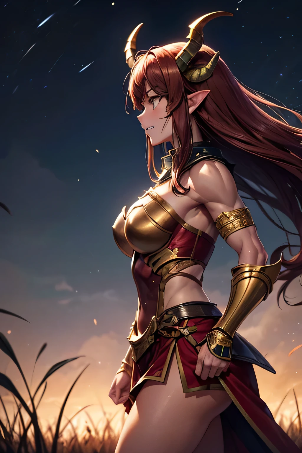A svelte elven archer, her skin radiant like polished amber, striking a victorious pose atop a volcano’s precipice, 8k, high resolution. Her jade-green eyes flash with triumphant fire as her flaming arrow arcs through the ash-filled sky. Her long, fiery auburn hair whips around her in the molten breeze. Detailed gold and ruby armor, aglow in the lava’s reflection. The smoky, sulfuric atmosphere and eruptions in the backdrop, her defiant figure illuminated by the pulsing glow of molten rock. cape, armored.