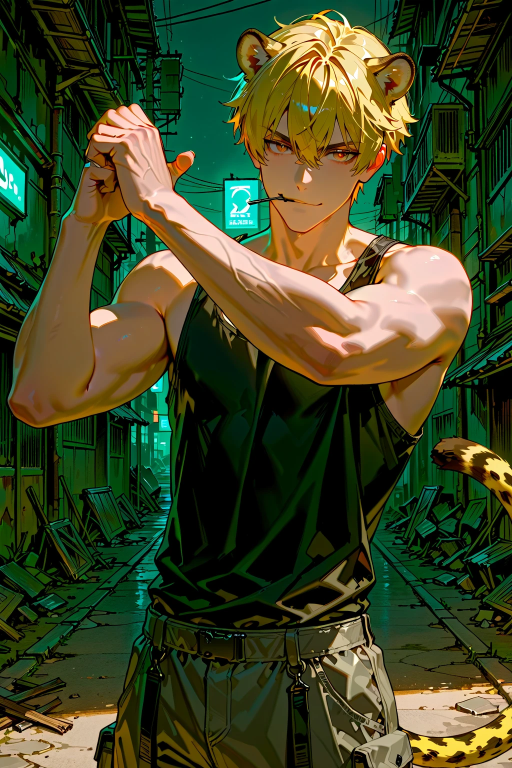 oung man, short blond hair, handsome face, tired expression, green eyes, large muscles, hyper pectoral, thick thigh, large butt. He's wearing a low-cut tank top, black pants, a backwards hat, and a silver chain around his neck, Big bulge. Scenery, party at night.