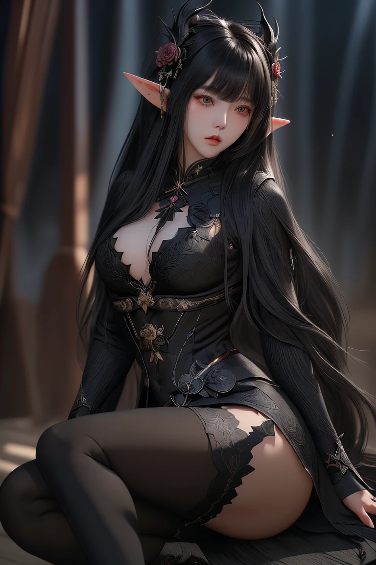 Black Dragon Princess,Elf long ears,British dark blue long group,Silk white gloves,Slightly curved long black hair,Dress conservatively,Crown of black thorns,Twist braids,Mature and steady,Complicated clothes