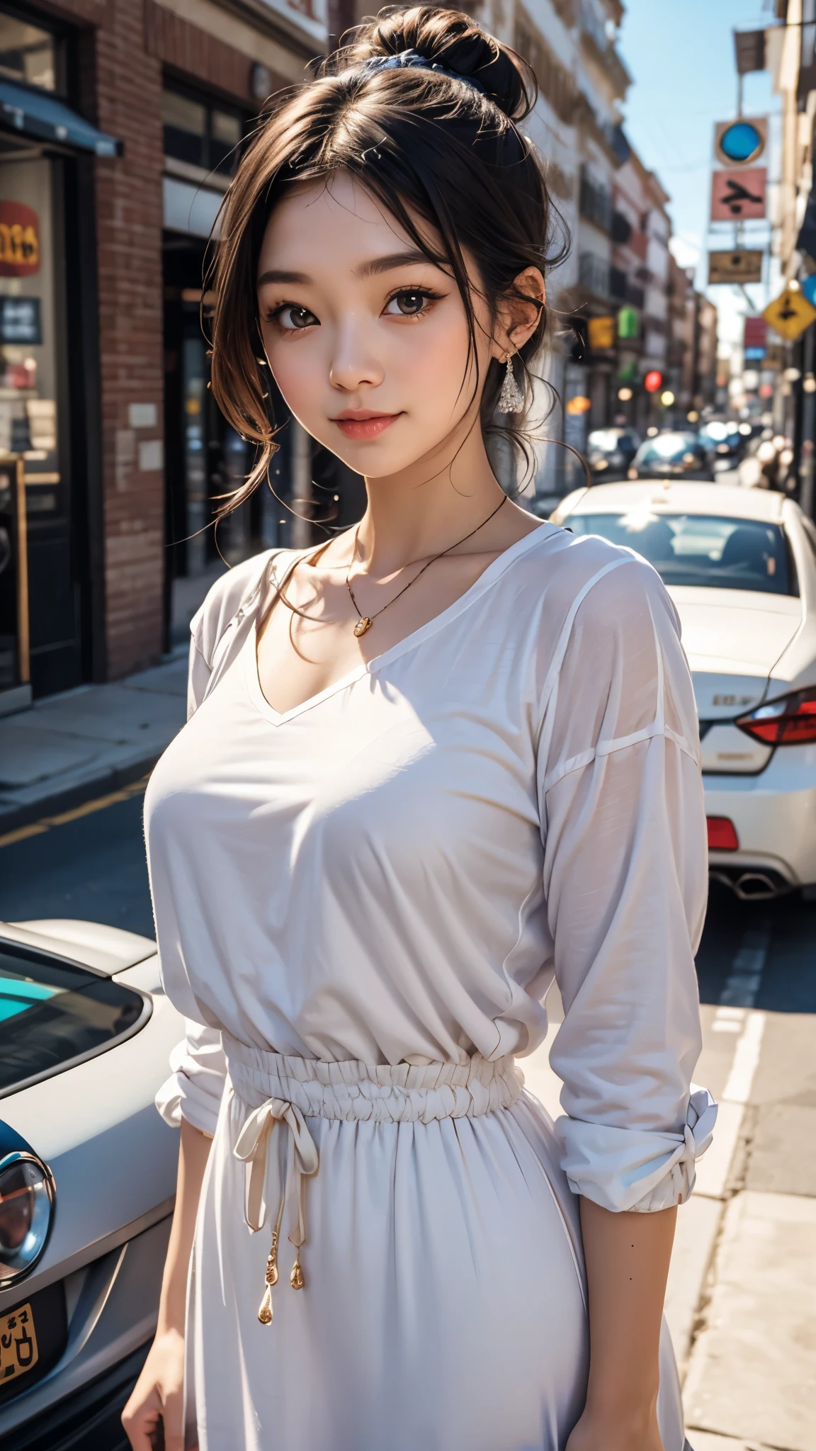(best quality,16,000,high resolution,masterpiece:1.2),very detailed,(realistic,realistic,realistic:1.37),Korean Fashion Beauty,Japanese and Korean beauties,cute and sexy,Eyes and face are detailed,beautiful and delicate lips,white teeth,long eyelashes,slime,The clothes are fashionable,shorts short skirts,exposed chest,plump upper circumference,big bust,split,(Beloved,attractive:1.1),colorful street background,stylish clothes and accessories,The texture of the clothes is soft,portrait style photography,vivid colors,Street lamp.