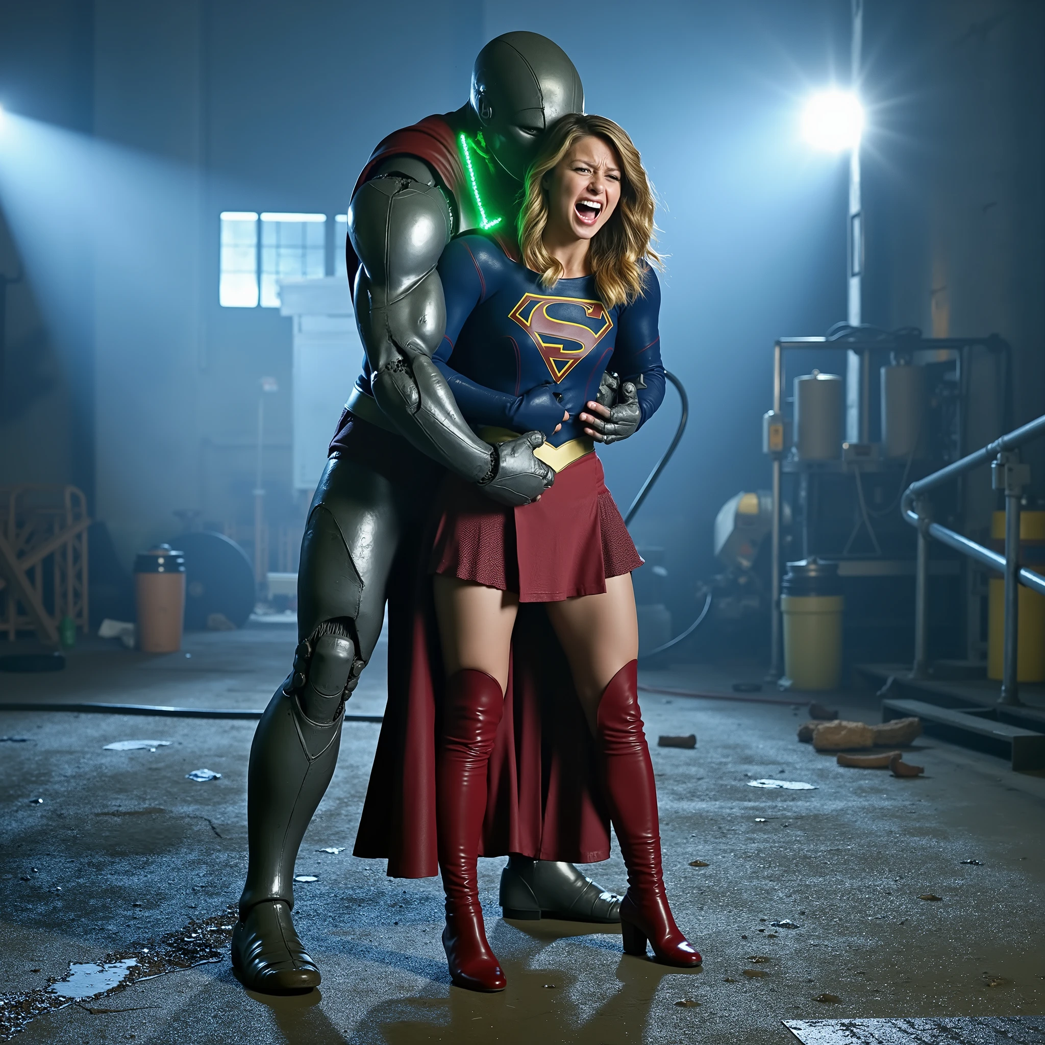 Melissa Benoist as Supergirl, (a very short skirt), fighting with an enemy, she is sexual assaulted from behind by Lex Luther the robot, a green lighting collar on her neck, painful face, (Supergirl is screaming in pain), Lex Luther is a strong big robot, he is tightly hugging her from behind, he pull her skirt up, whole body from head to feet are visible, in the factory, night time, bright spot lighting,