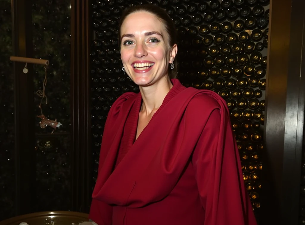 Susan Ivanova, stylish blouse, in Paris, on holiday, grinning, holding a bottle of wine <lora:Susan Ivanova B5 XL:1>