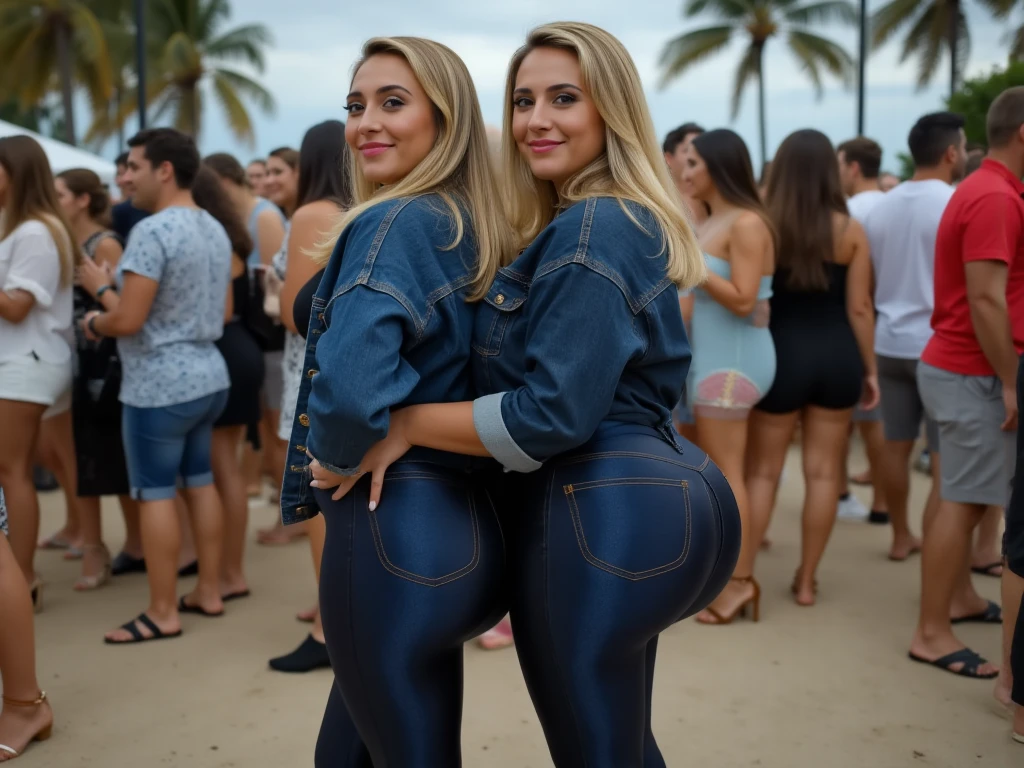 Uma dupla de afro-brasileiras, Curvy, de biquini fio dental na praia, Semi-lateral photo from behind. wearing yoga pants marking the buttocks, Detalhes adicionais: dia ensolarado, Praia de areia, ondas quebrando, Torcida, Colorful parasols Image quality: (melhor qualidade,4k,8k,alto,master part:1.2), ultra-detalhado, Realistic, cores vibrantes Estilo de arte: Desportivo, Action, Dynamic color tone: cores brilhantes e vibrantes, Emphasizing the atmosphere of beach lighting: natural sunlight, Projetando sombras suaves na areia e nos jogadores